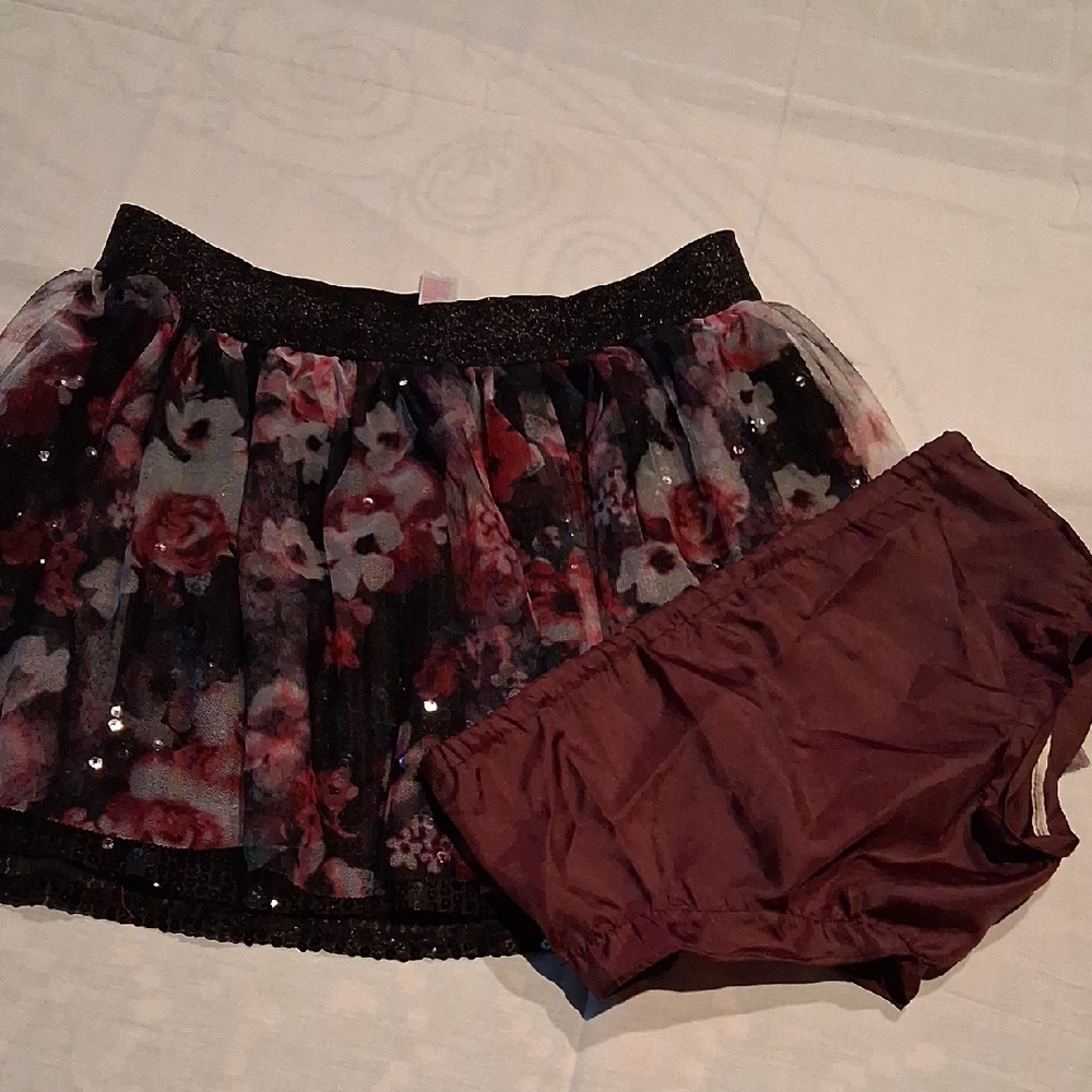 Justice Black and Red Floral Sequin Mini Skirt